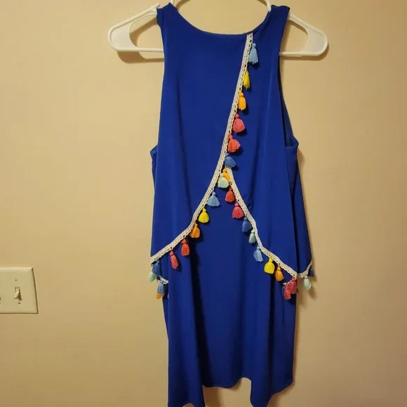 Judith March Royal Blue Rainbow Tassel Trim Tiered Tank Dress Size M - Picture 2 of 8